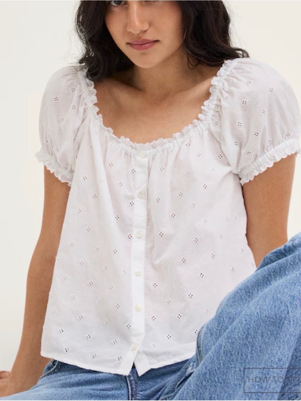 Madewell Chateau Top, White Eyelet Puff-Sleeve Button-Front Blouse